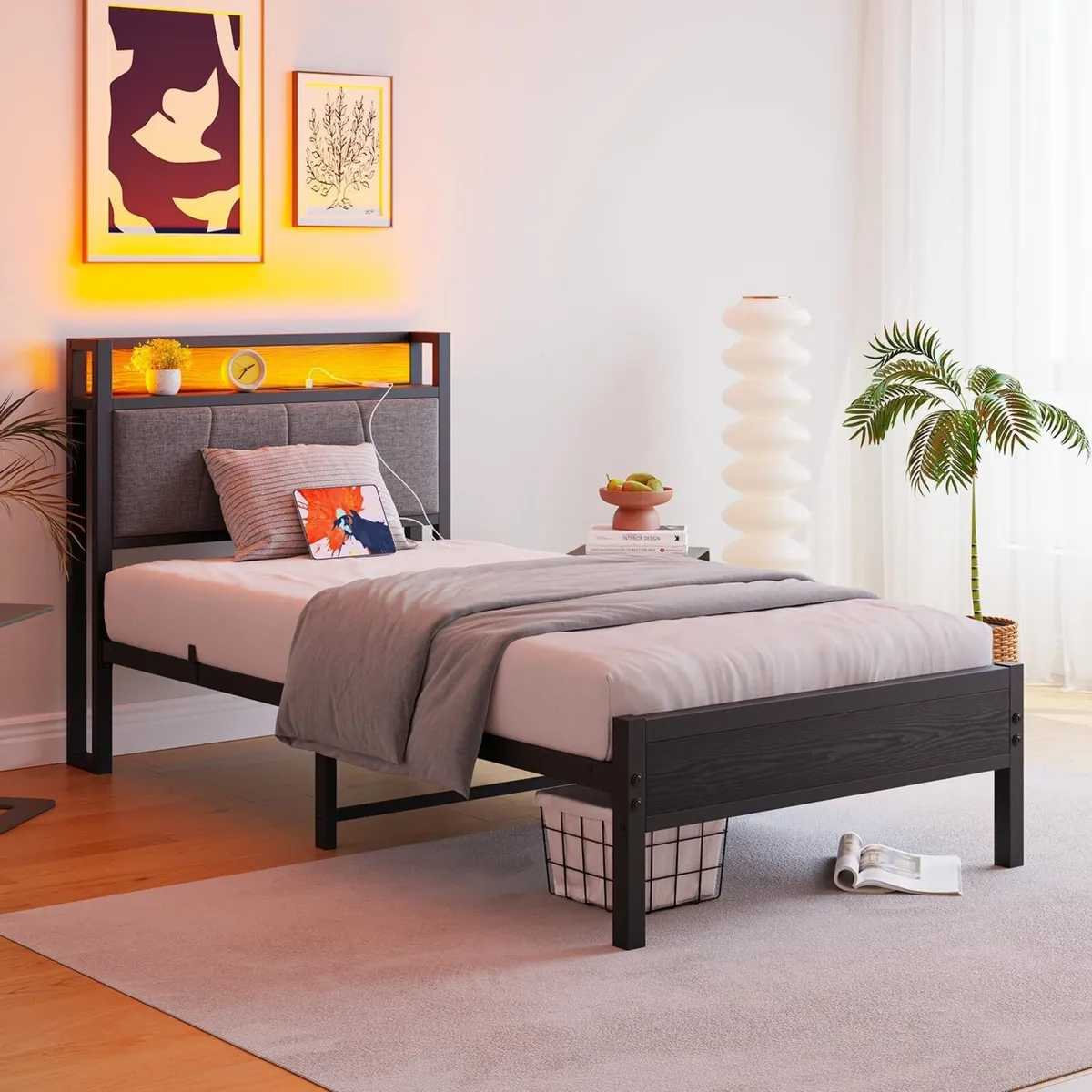 3ft Single Bed Frame with Storage Headboard LED - Image 3