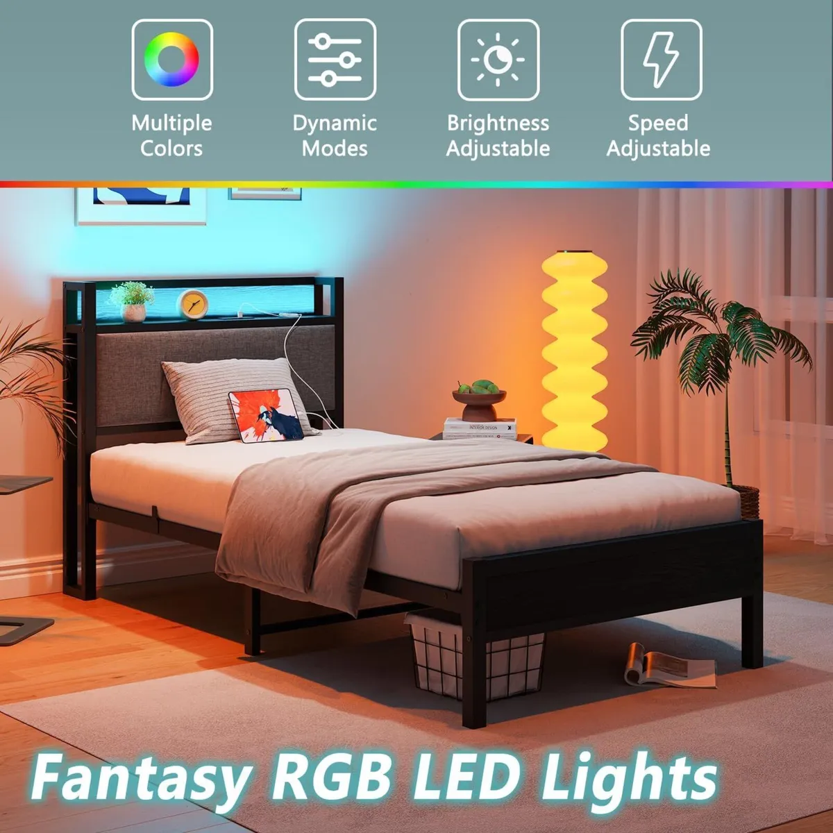 3ft Single Bed Frame with Storage Headboard LED - Image 4