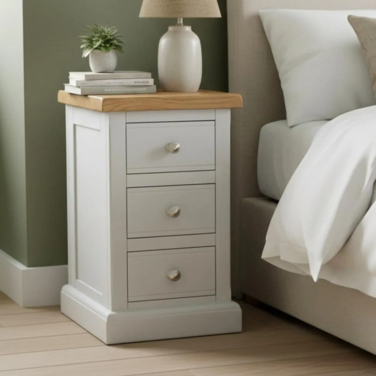 urniture Painted Grey Bedside Table 3 Drawers - Image 1