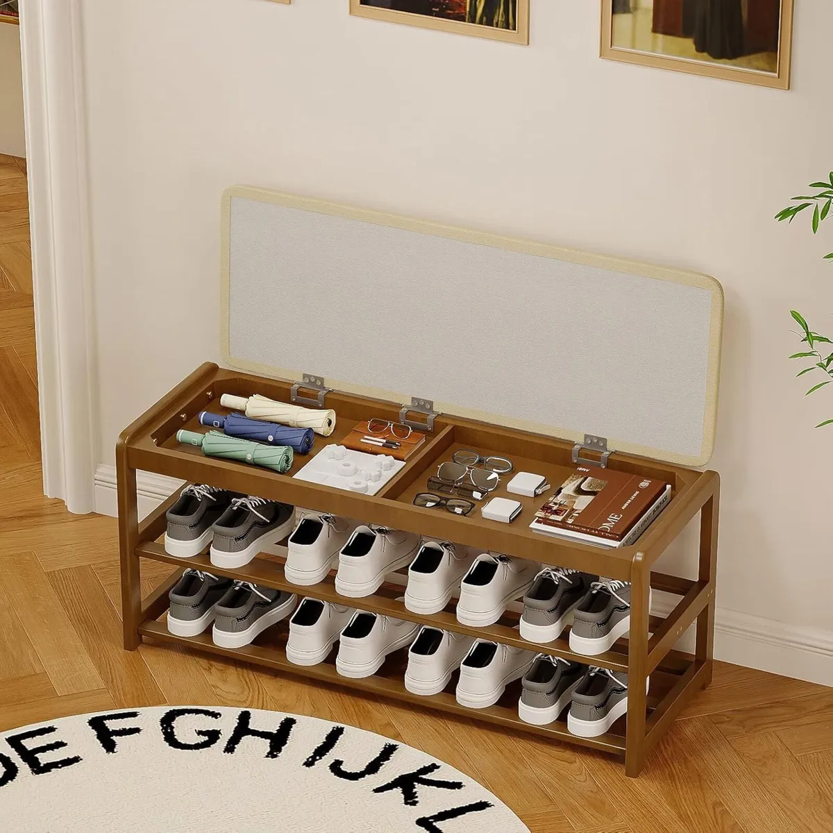 2-Tier Bamboo Shoe Bench with Cushion Hidden - Image 2