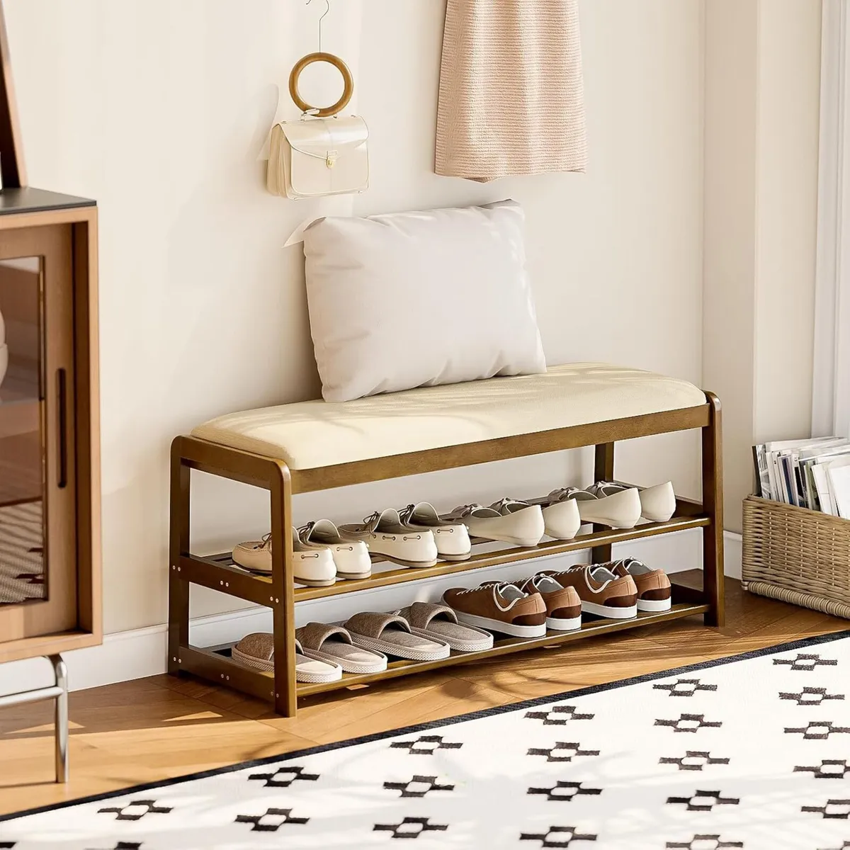 2-Tier Bamboo Shoe Bench with Cushion Hidden - Image 4
