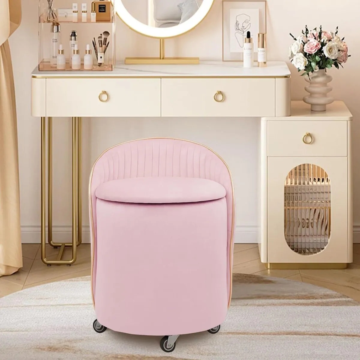 Round Storage Ottoman Upholstered Velvet Vanity - Image 2