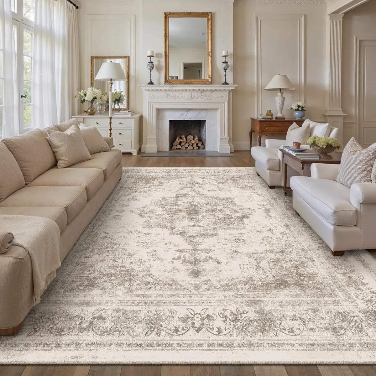 Vintage Beige Rugs Living Room Washable Non Slip - Image 1