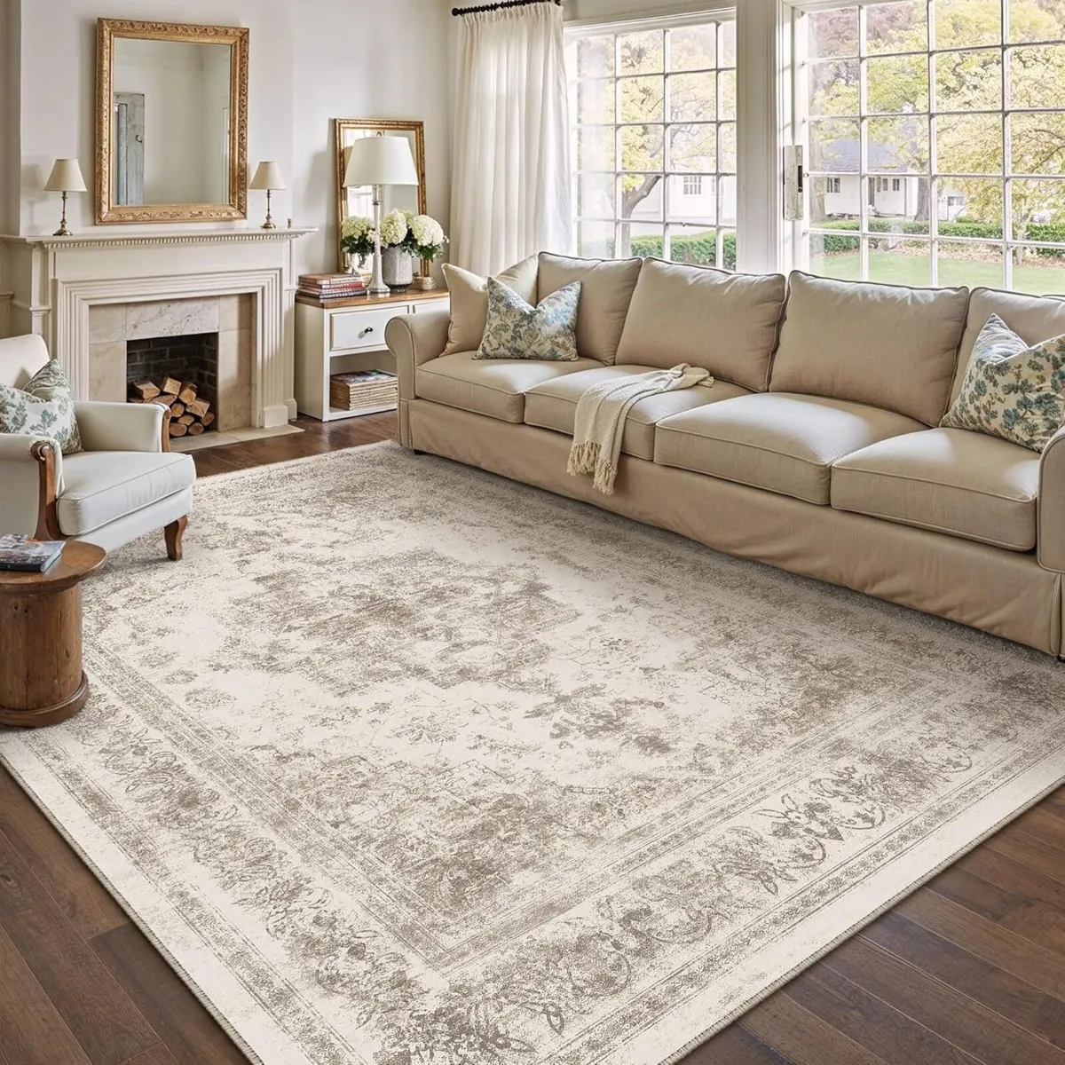 Vintage Beige Rugs Living Room Washable Non Slip - Image 3