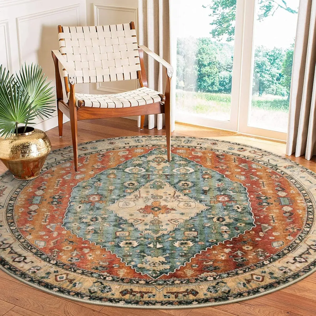 Boho Tribal Round Rug 6ft - Large Washable Dining - Image 1