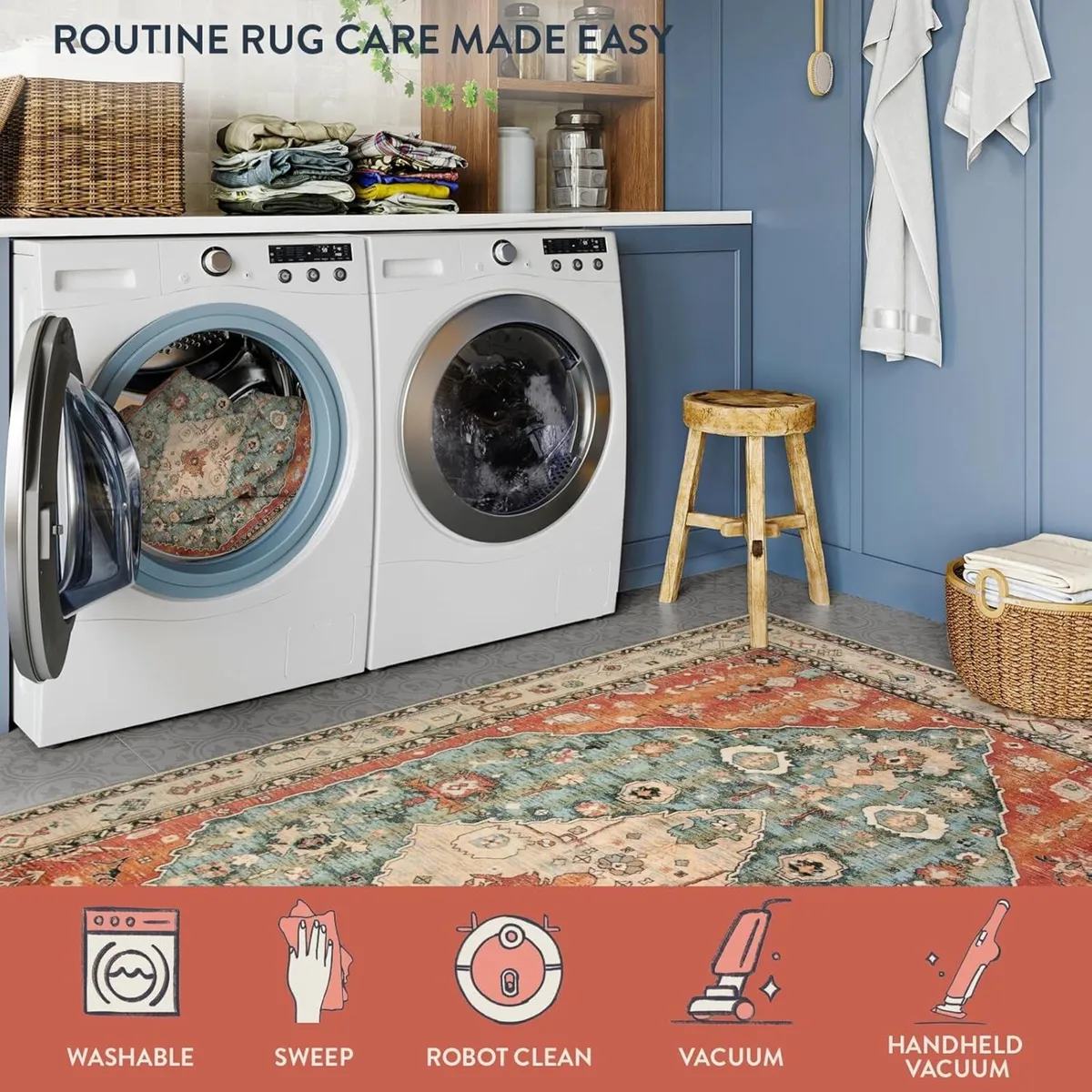 Boho Tribal Round Rug 6ft - Large Washable Dining - Image 4