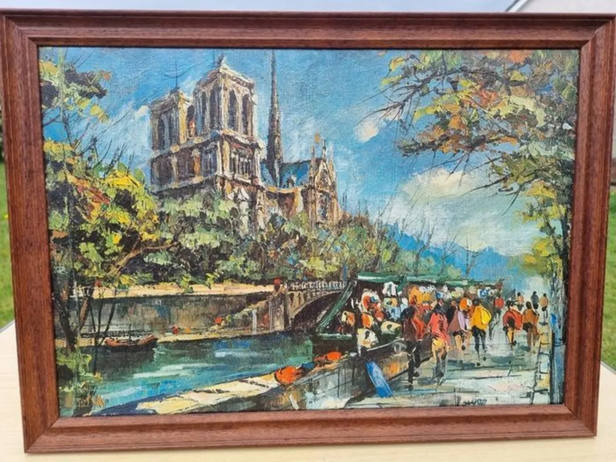 Vintage oil painting Paris Notre Dame Cathedral - Image 1