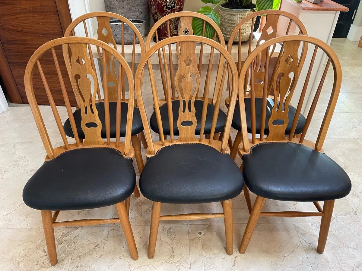 6 x Quality Sturdy Leather Wooden Kitchen Chairs - Image 1