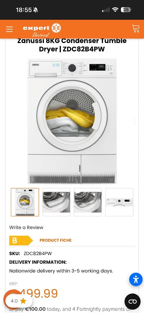 Zanussi Tumble dryer - ZDC82B4PW 6 months old - Image 2