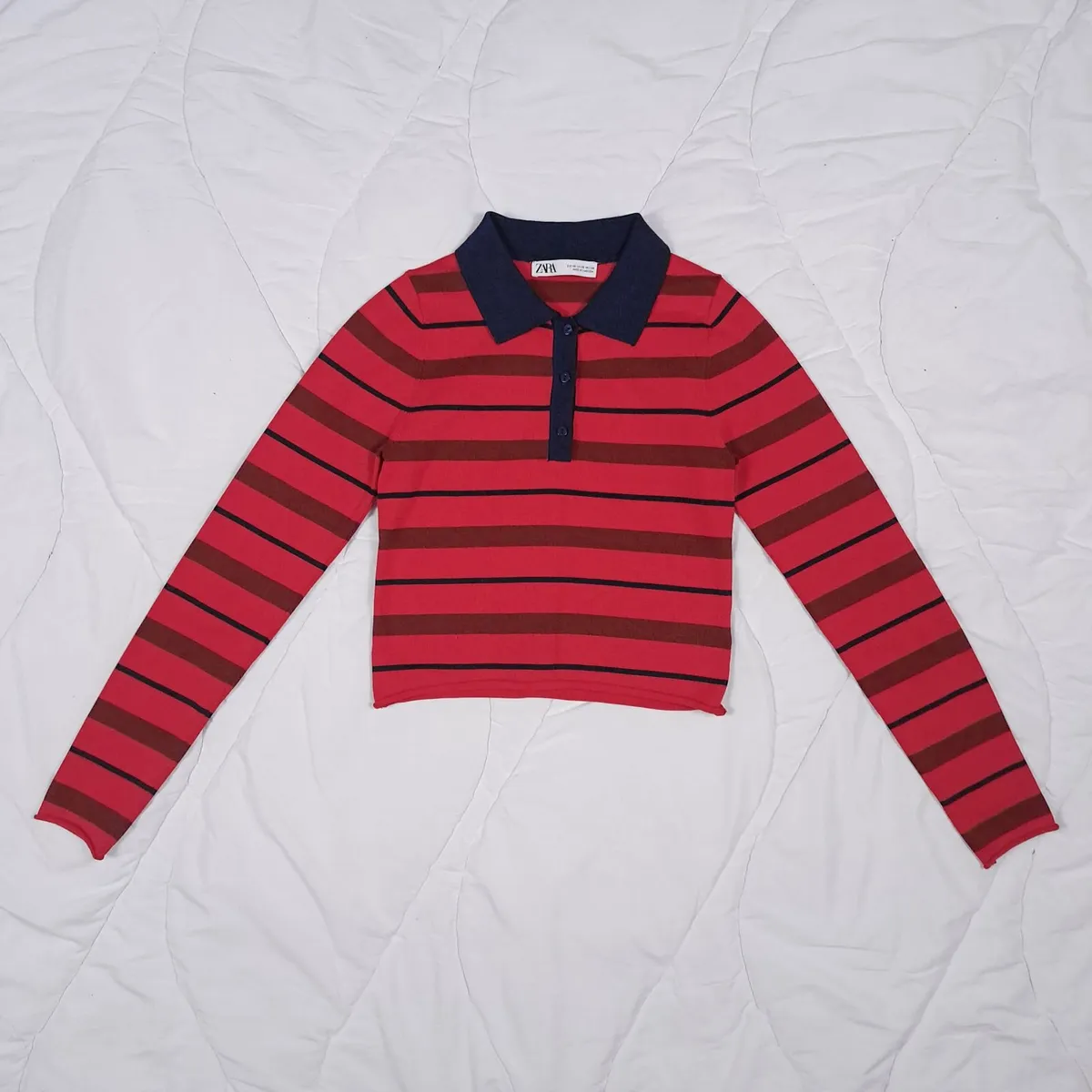 Zara Red Navy Striped Long Sleeve Polo Top Size XS - Image 1