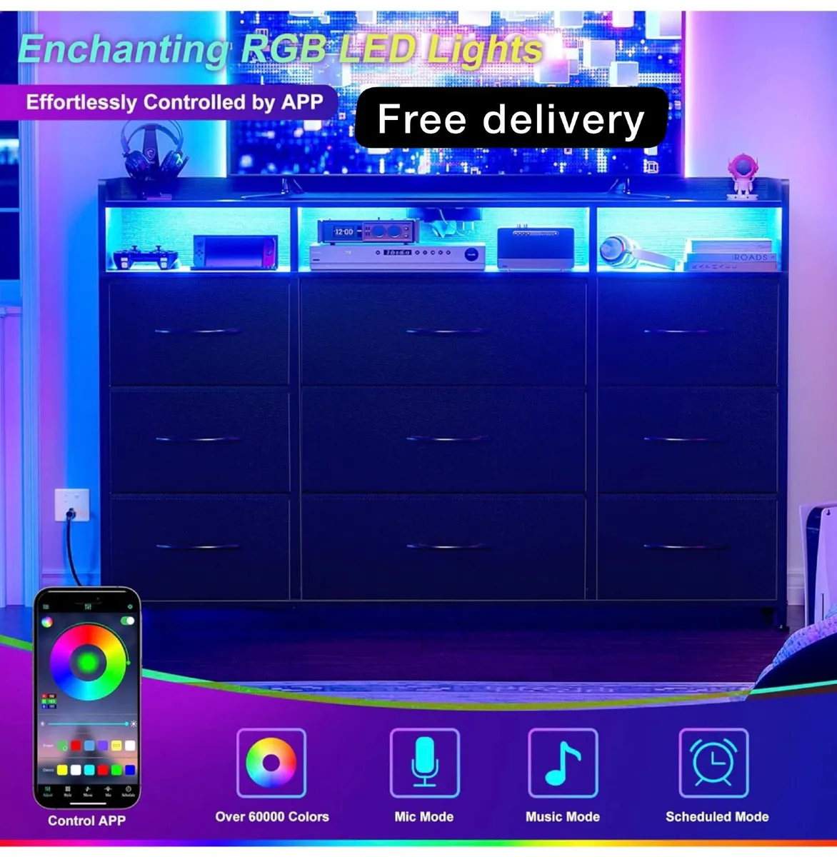 Chest of Drawers with Charging Station and LED Lig - Image 1