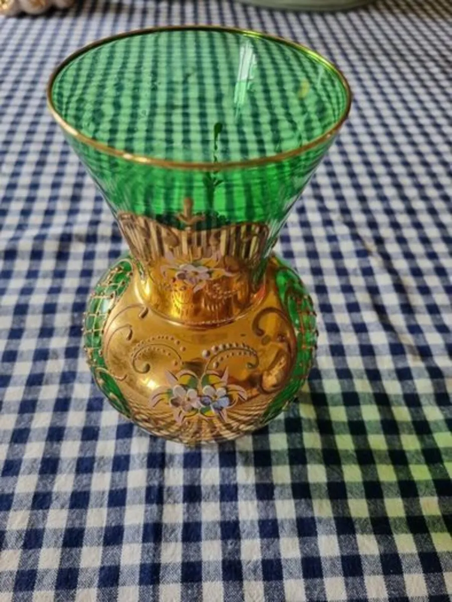 Vintage Bohemian Glass Czech Green Gold Vase - Image 2
