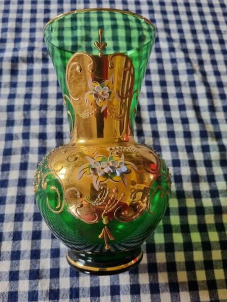 Vintage Bohemian Glass Czech Green Gold Vase - Image 3