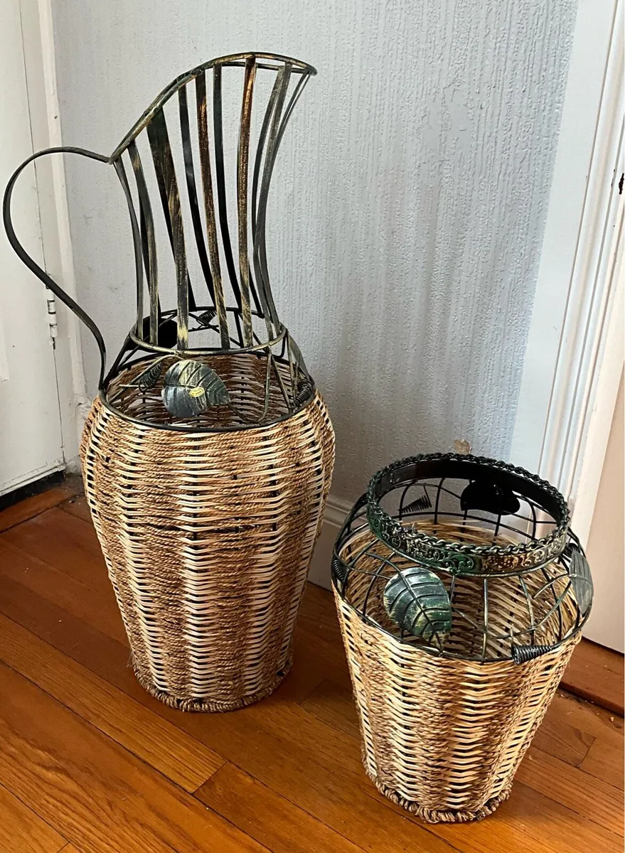 Set of 2 Woven Wicker Vases with Ornate Metal Tops - Image 1