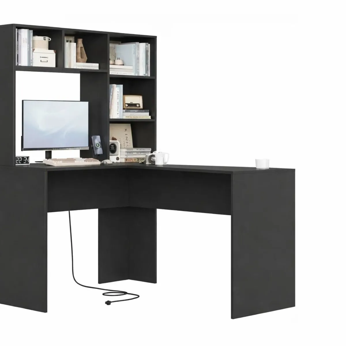 L-Shaped Corner Desk with Storage Shelves Black - Image 1