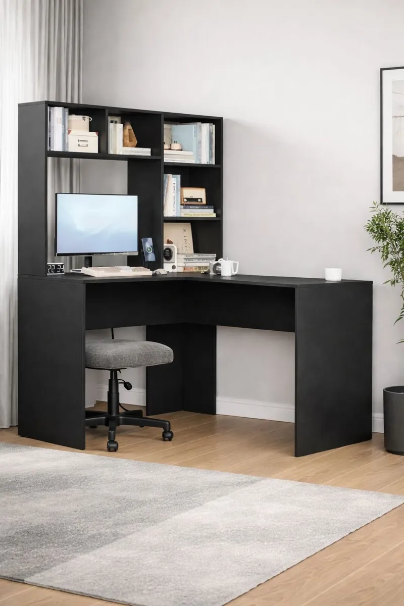 L-Shaped Corner Desk with Storage Shelves Black - Image 2