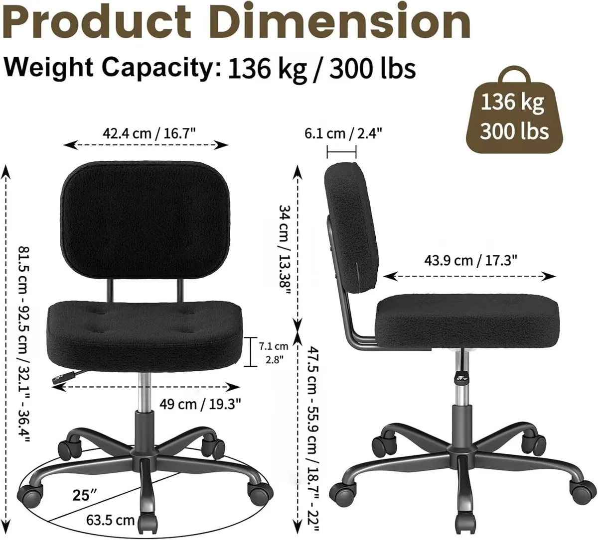 Armless Desk Chair for Home Office Compact Swivel - Image 2