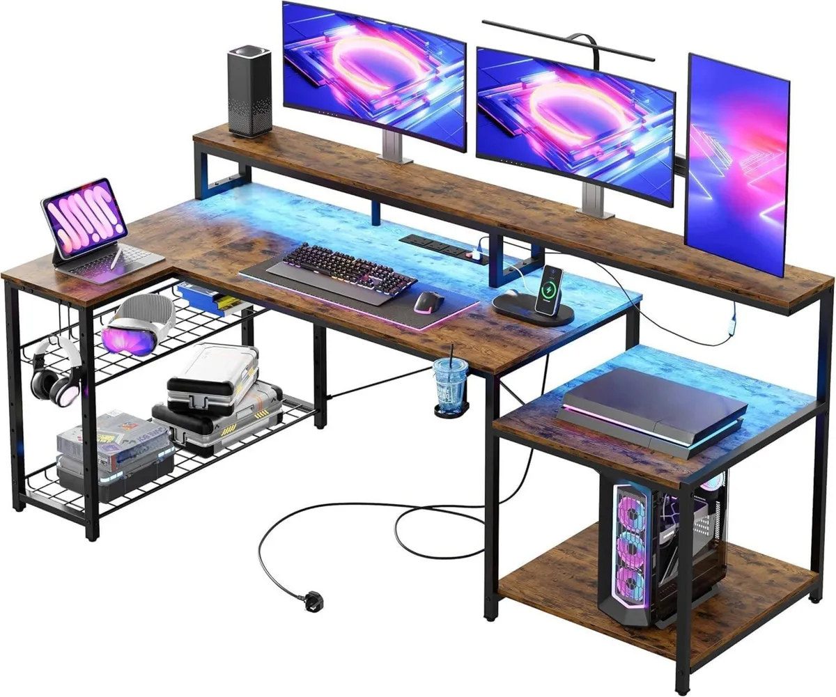 181CM L Shaped Corner Desk with Power Outlets LED - Image 1