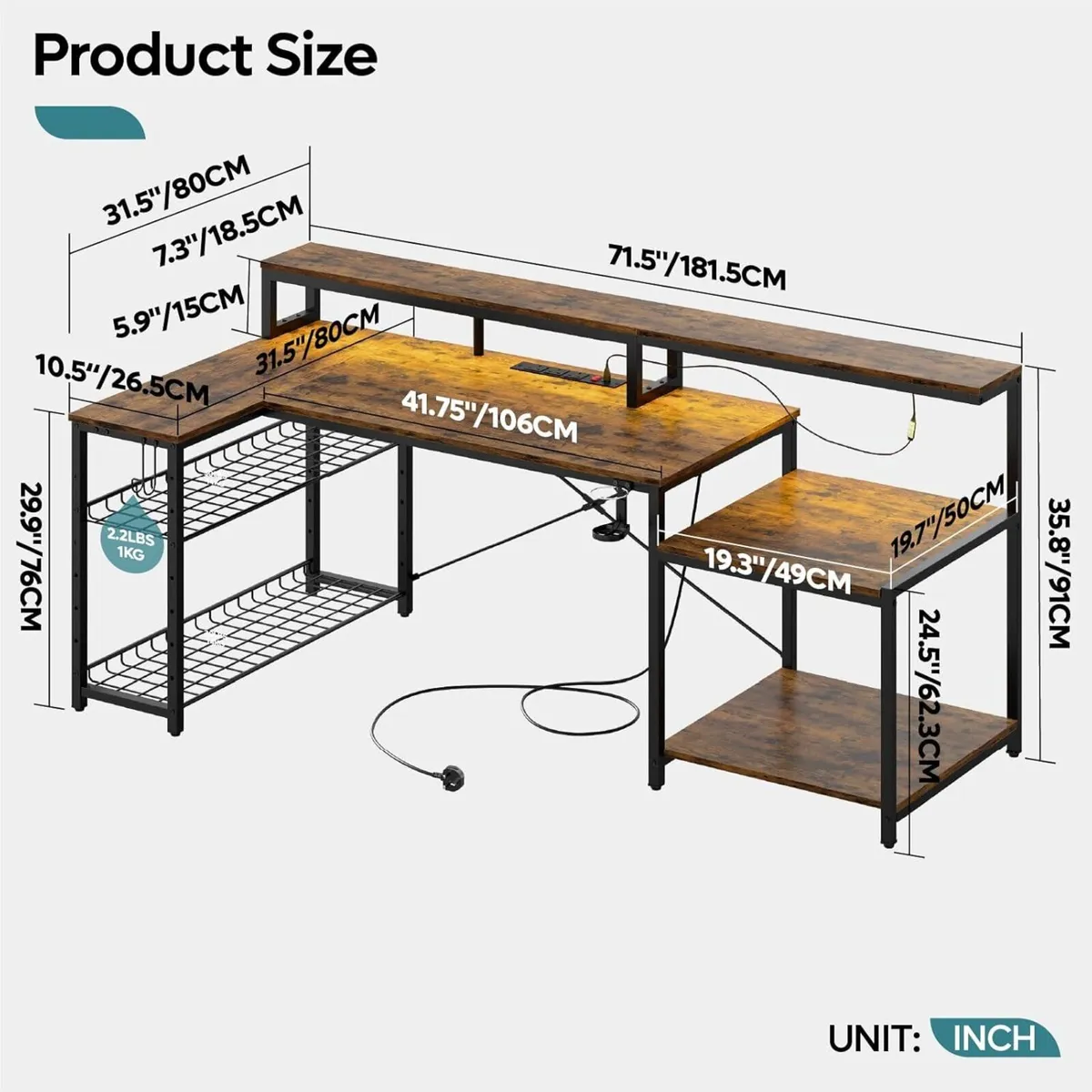 181CM L Shaped Corner Desk with Power Outlets LED - Image 3