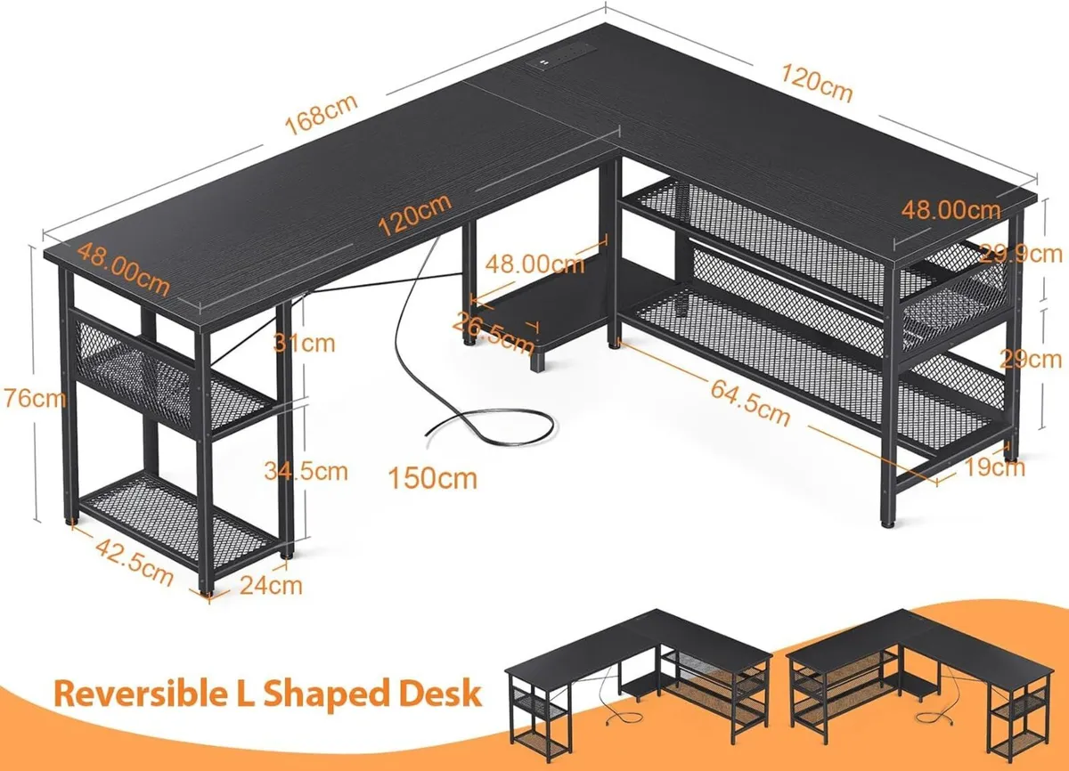 L Shaped Gaming Desk 168 x 120 cm Reversible - Image 3