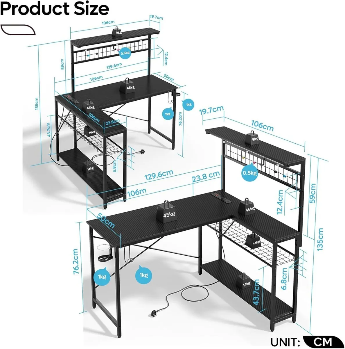 L-Shaped Gaming Desk with Power Outlets LED - Image 3