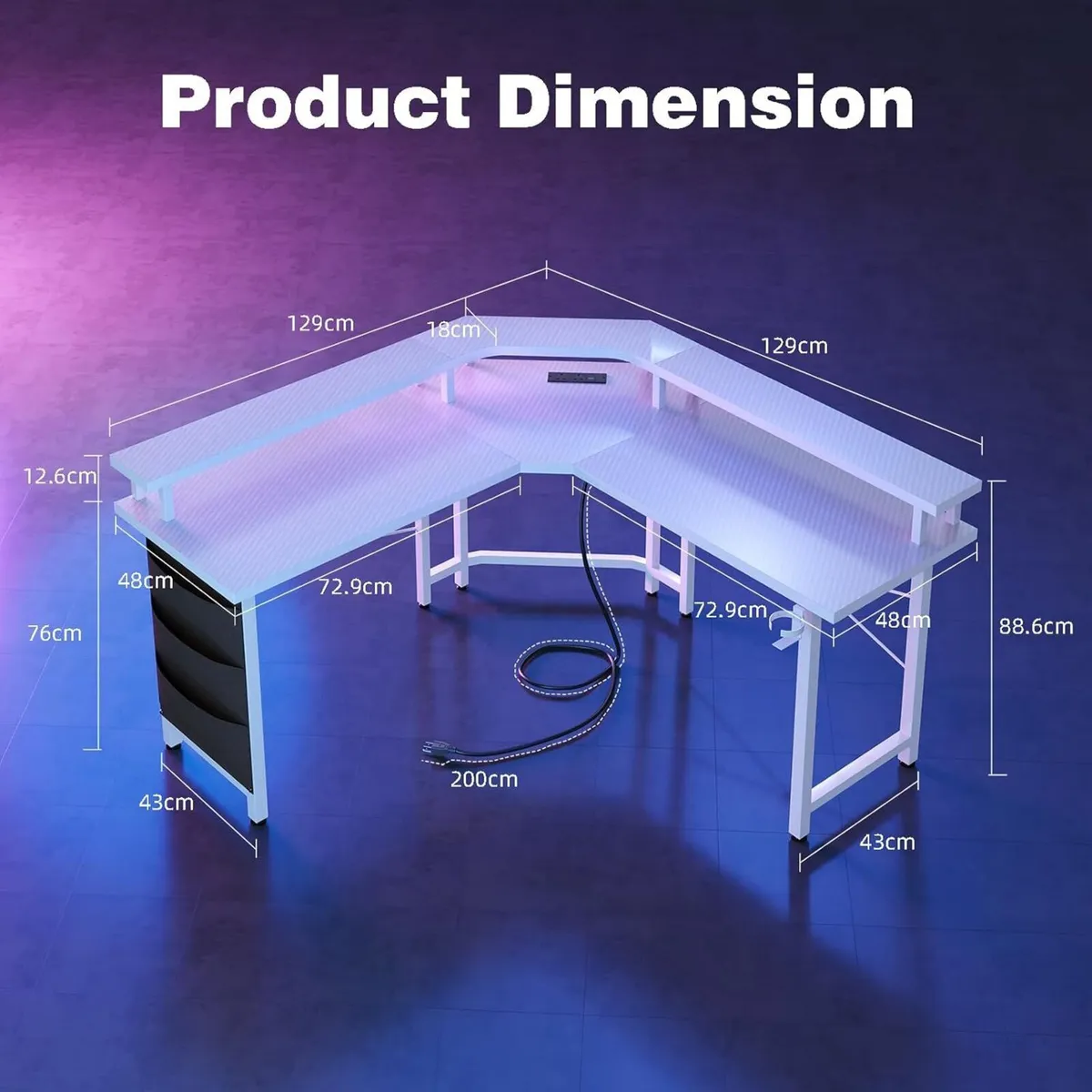 Computer Desk with Power Outlets LED Strip 50.8 - Image 3