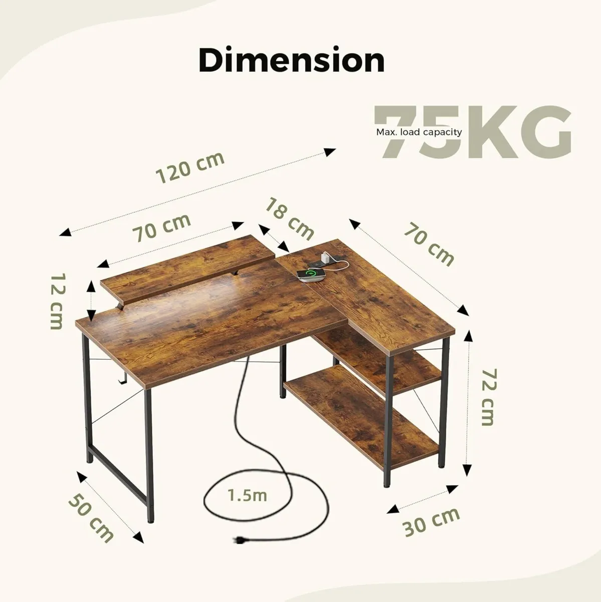 Small L-Shaped Desk with LED 120x70cm Computer - Image 2