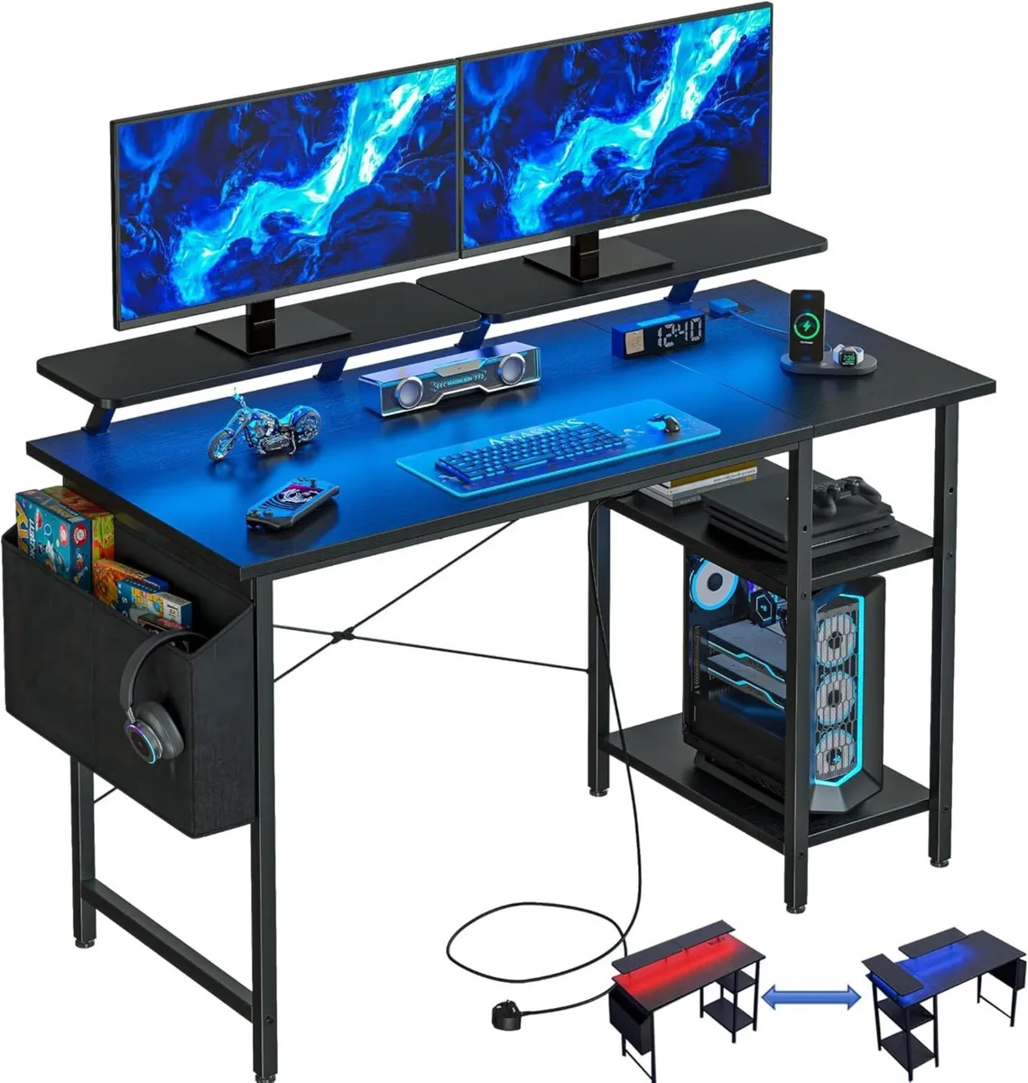 Gaming Desk with LED Lights Power Outlets - Image 1