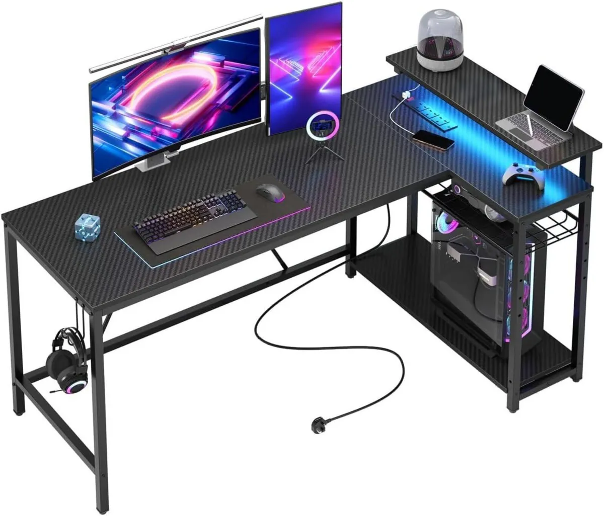 147CM L-Shaped Gaming Desk with RGB Lights Power - Image 1