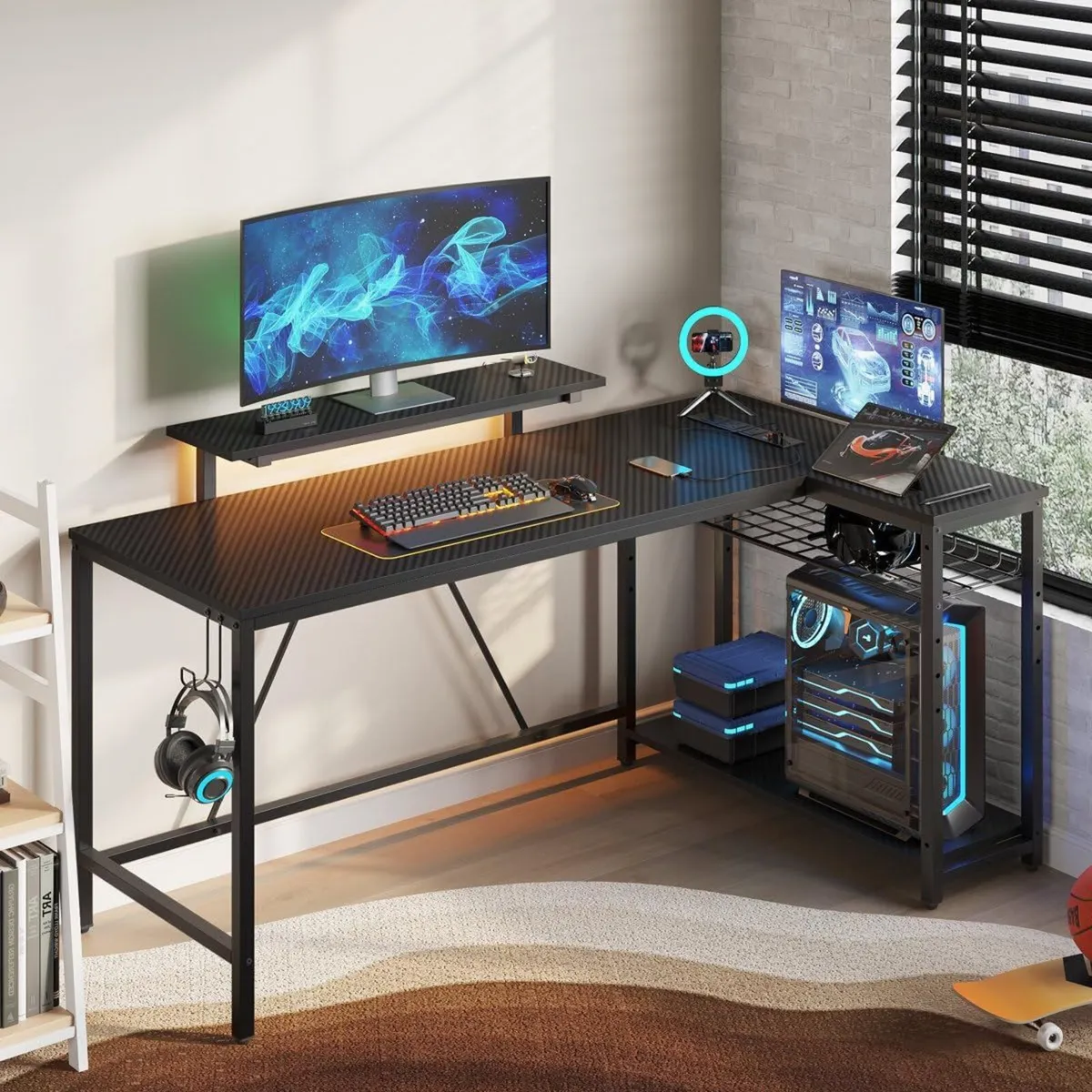 147CM L-Shaped Gaming Desk with RGB Lights Power - Image 4