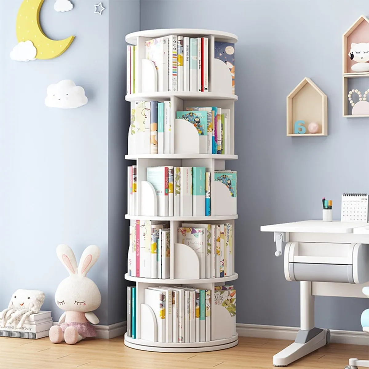 5 Tier Rotating Bookshelf Round White Revolving - Image 1
