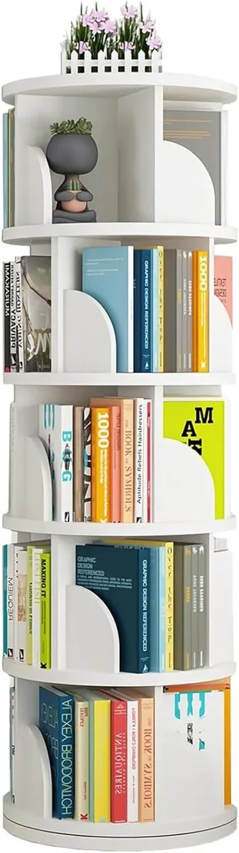 5 Tier Rotating Bookshelf Round White Revolving - Image 3