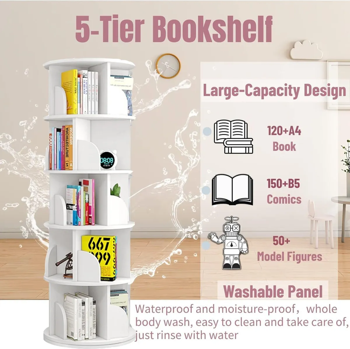 5 Tier Rotating Bookshelf Round White Revolving - Image 4