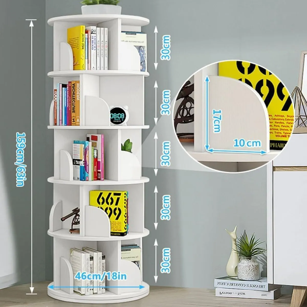 5 Tier Rotating Bookshelf Round White Revolving - Image 2