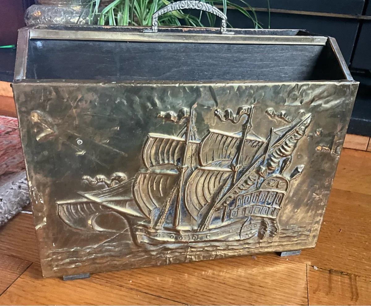 Embossed Brass Ship Design Magazine Holder - Image 1