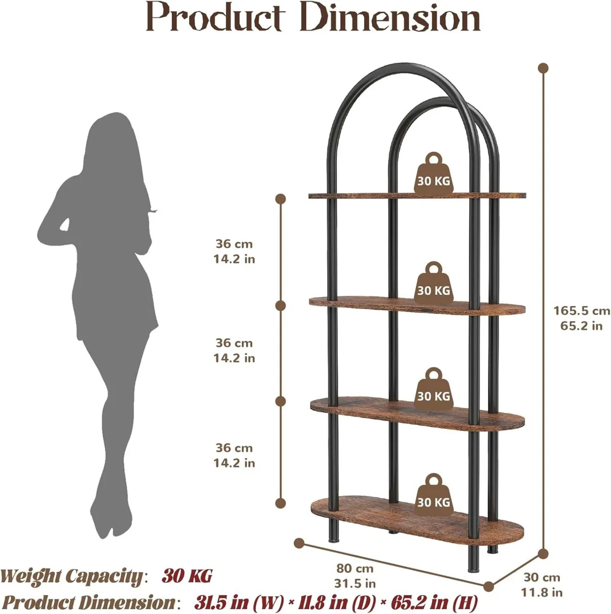 4-Tier Arched Bookshelf Bookcase with Metal Frame - Image 2