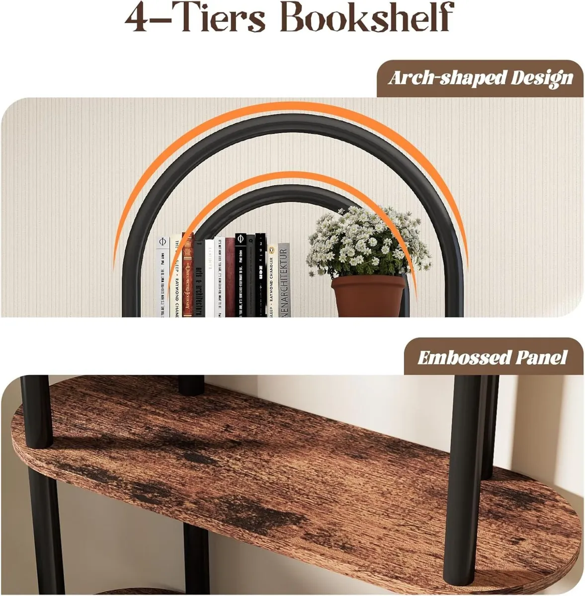 4-Tier Arched Bookshelf Bookcase with Metal Frame - Image 4