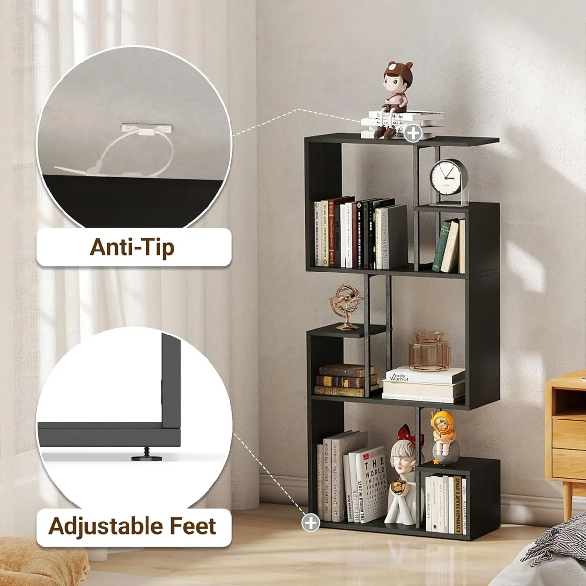 Book shelf Black Bookcase 3 Tiers Slim Bookshelf - Image 4