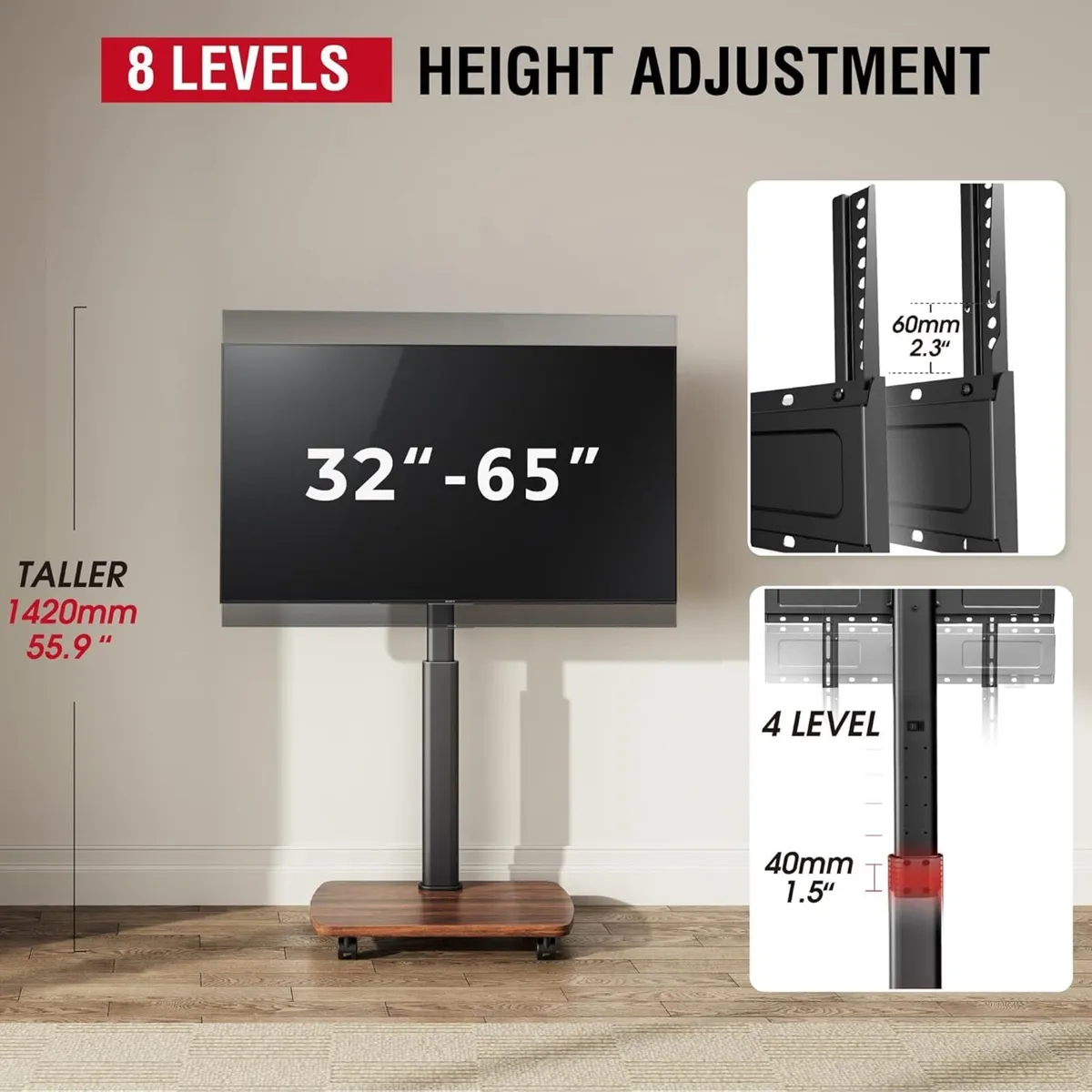 Mobile TV Stand on Wheels with Wooden Base for - Image 4
