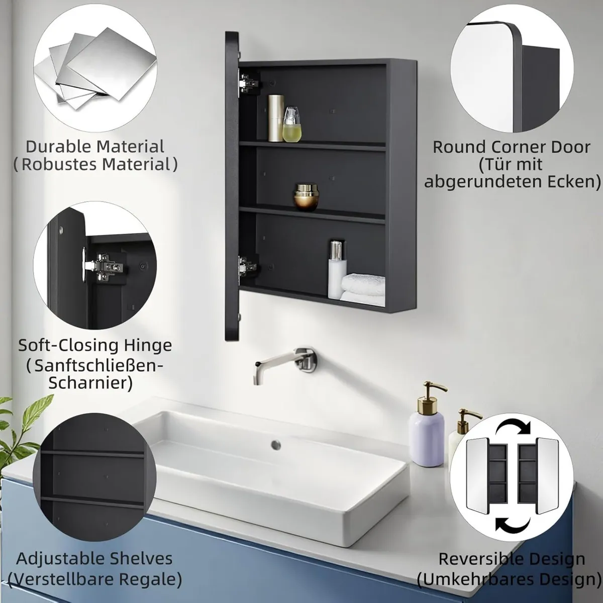 Steel Bathroom Mirror Cabinet with Storage - - Image 2