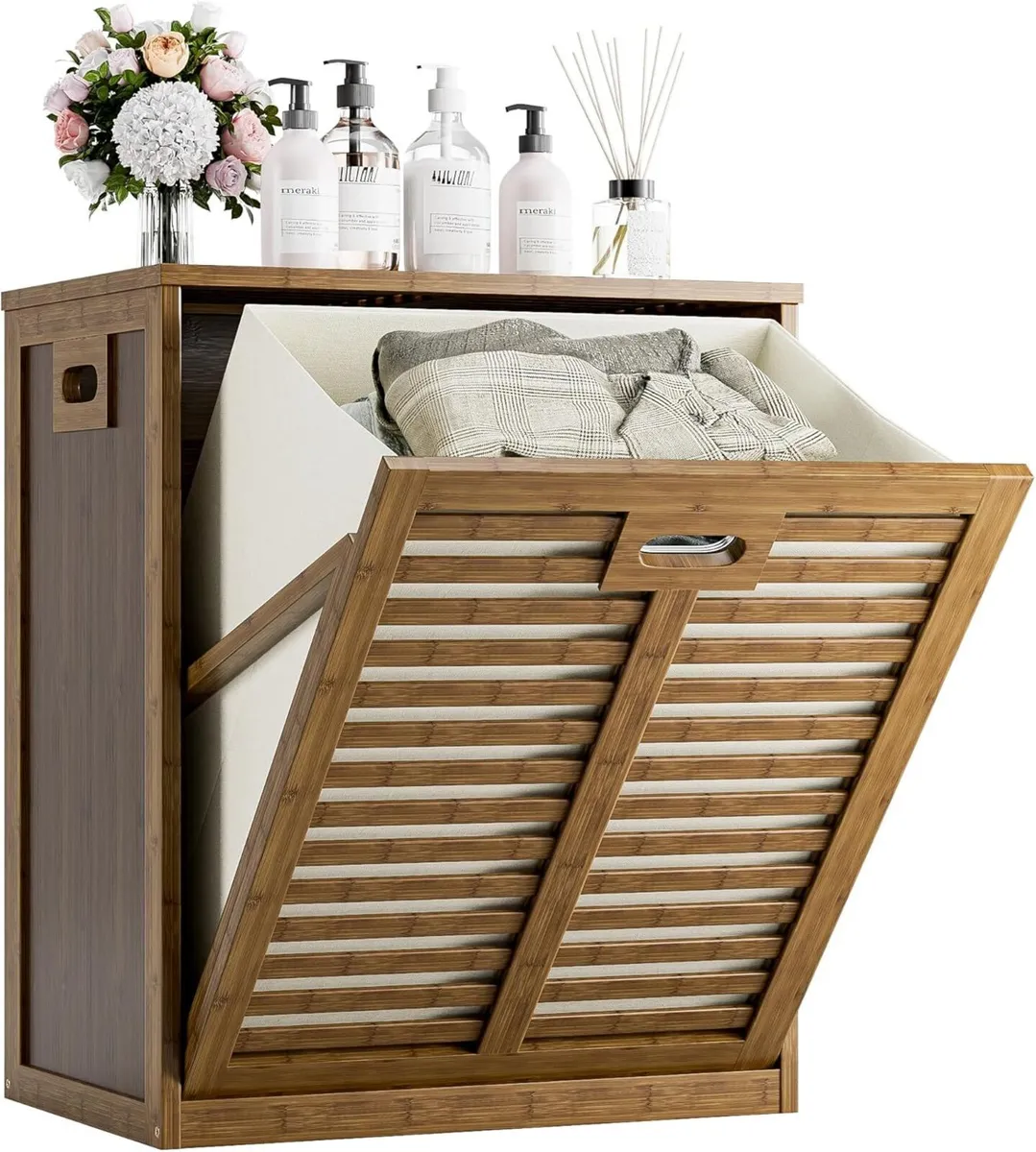 Bamboo Tilt Out Laundry Hamper Bathroom Storage - Image 1