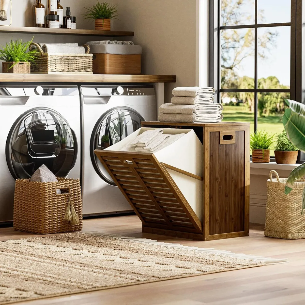 Bamboo Tilt Out Laundry Hamper Bathroom Storage - Image 2