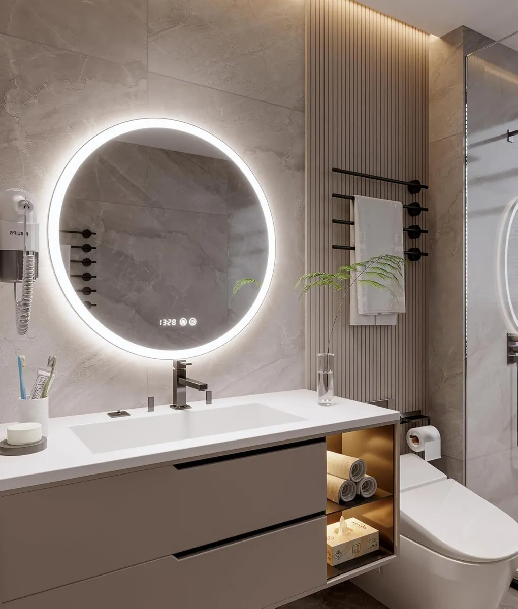 90 cm Round LED Mirror Bathroom with Light Anti- - Image 3