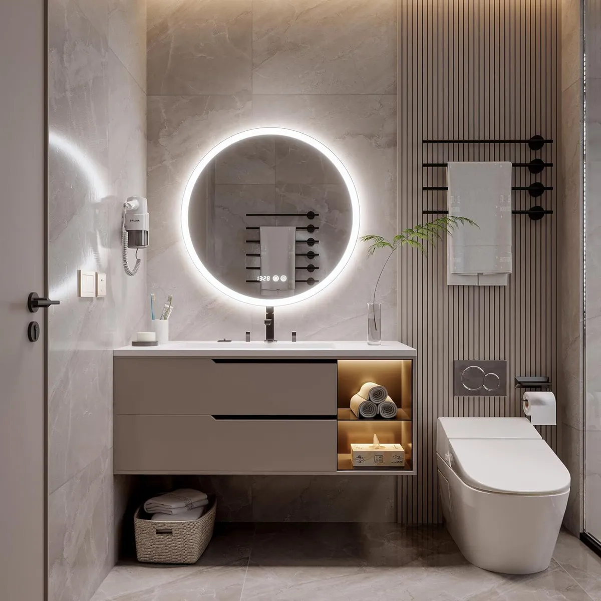 90 cm Round LED Mirror Bathroom with Light Anti- - Image 1