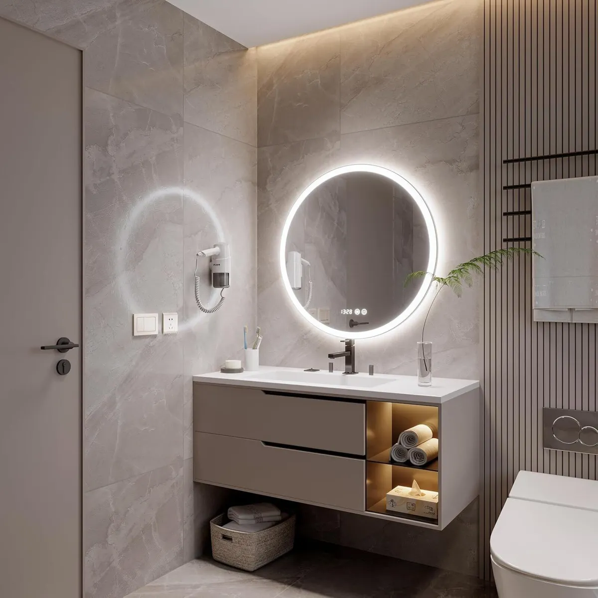 90 cm Round LED Mirror Bathroom with Light Anti- - Image 2