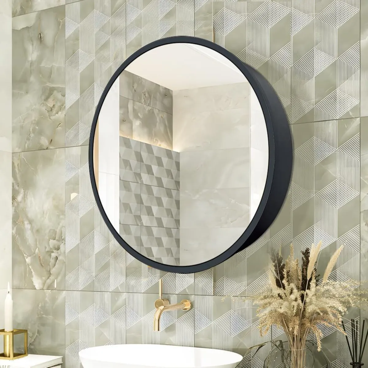 Round Mirror Cabinet Aluminum Framed Soft Close - Image 1