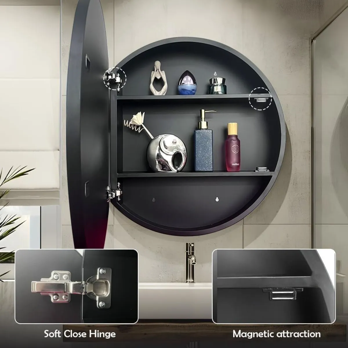 Round Mirror Cabinet Aluminum Framed Soft Close - Image 4