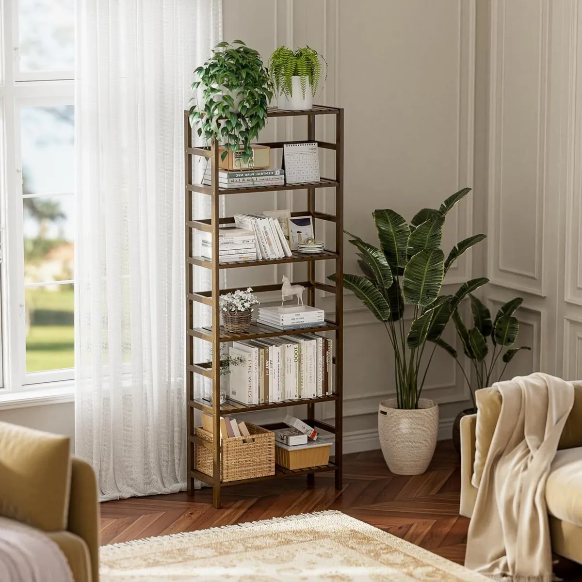 Bookcase Bamboo Bookshelf 6-Tier Adjustable Tall - Image 2