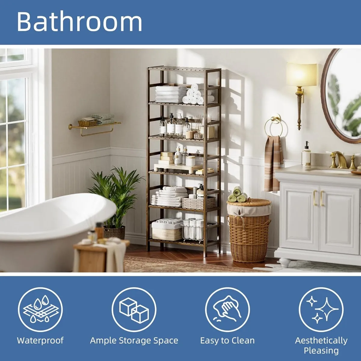 Bookcase Bamboo Bookshelf 6-Tier Adjustable Tall - Image 4