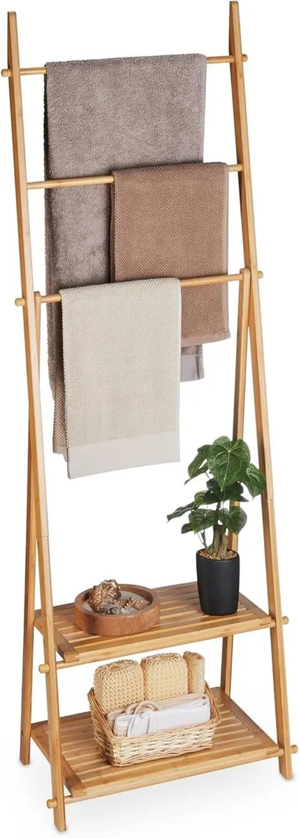 Towel Stand Bamboo 3 Bars 2 Storage Shelves HWD: - Image 1